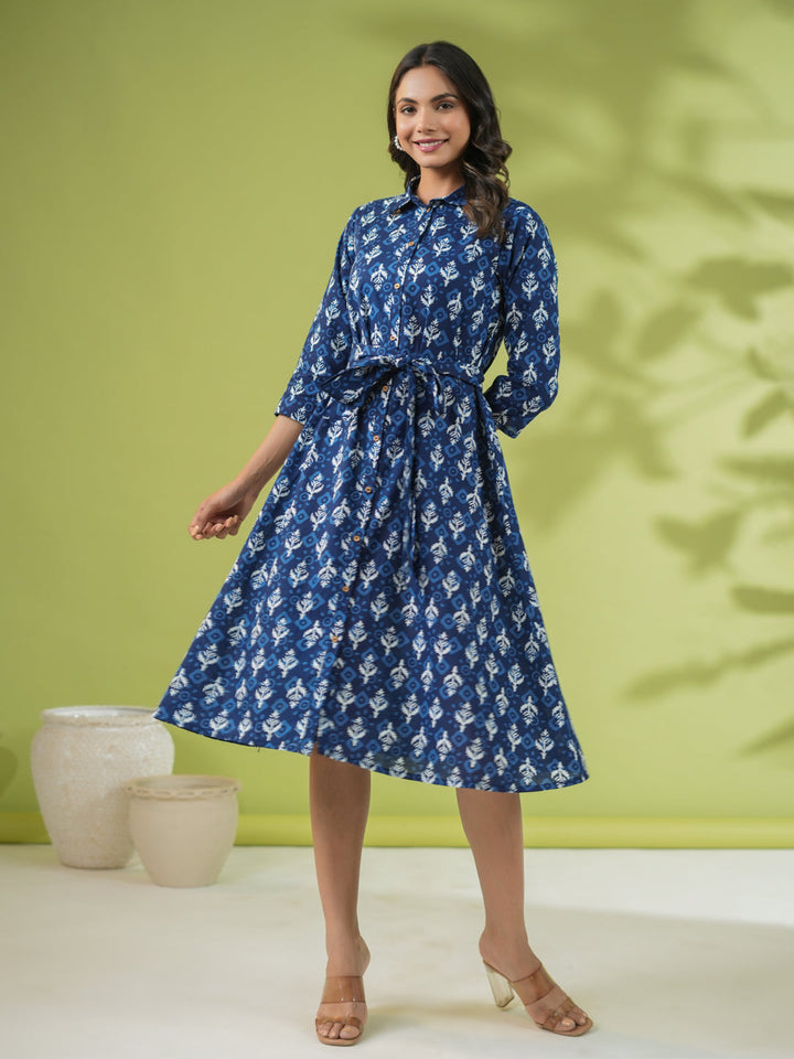 Indigo Cotton Ethnic Motifs Button Down Shirt Style Dress  - By Janasya