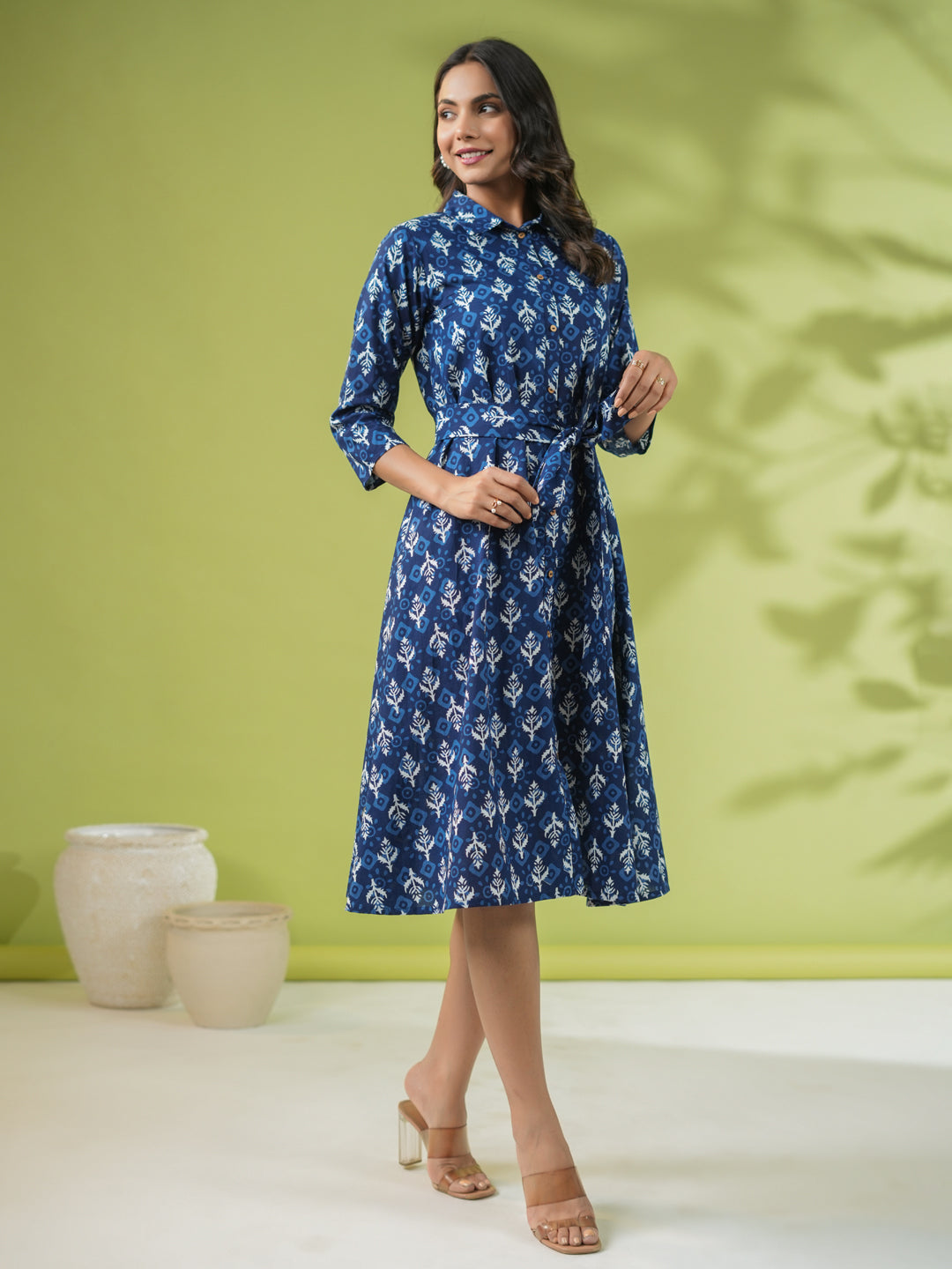 Indigo Cotton Ethnic Motifs Button Down Shirt Style Dress  - By Janasya