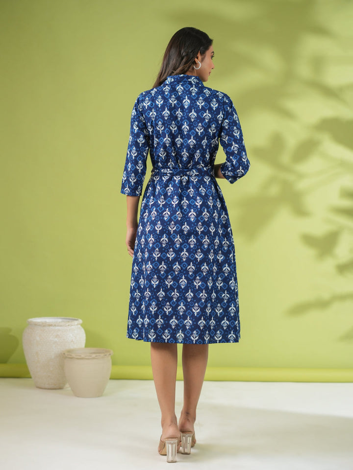 Indigo Cotton Ethnic Motifs Button Down Shirt Style Dress  - By Janasya