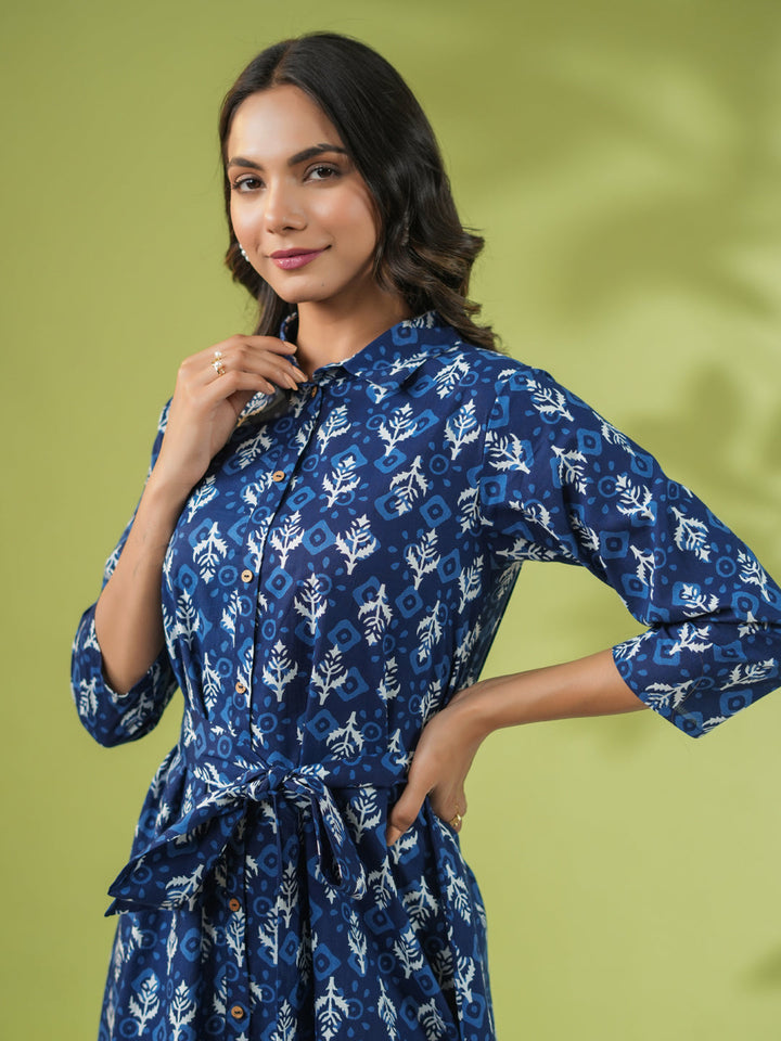 Indigo Cotton Ethnic Motifs Button Down Shirt Style Dress  - By Janasya