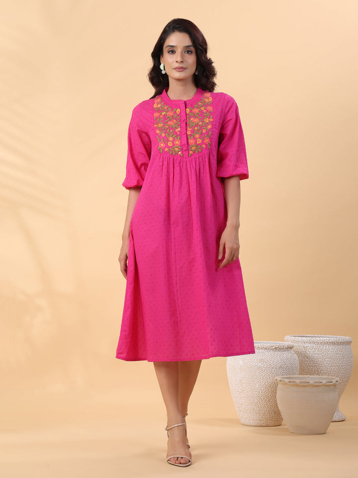 Pink Dobby Cotton Yoke Embroidery A-Line Dress  - By Janasya