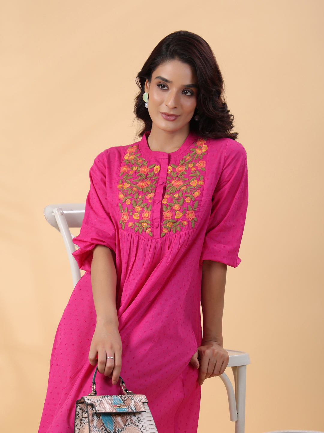 Pink Dobby Cotton Yoke Embroidery A-Line Dress  - By Janasya