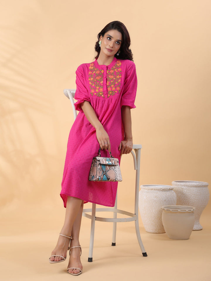 Pink Dobby Cotton Yoke Embroidery A-Line Dress  - By Janasya