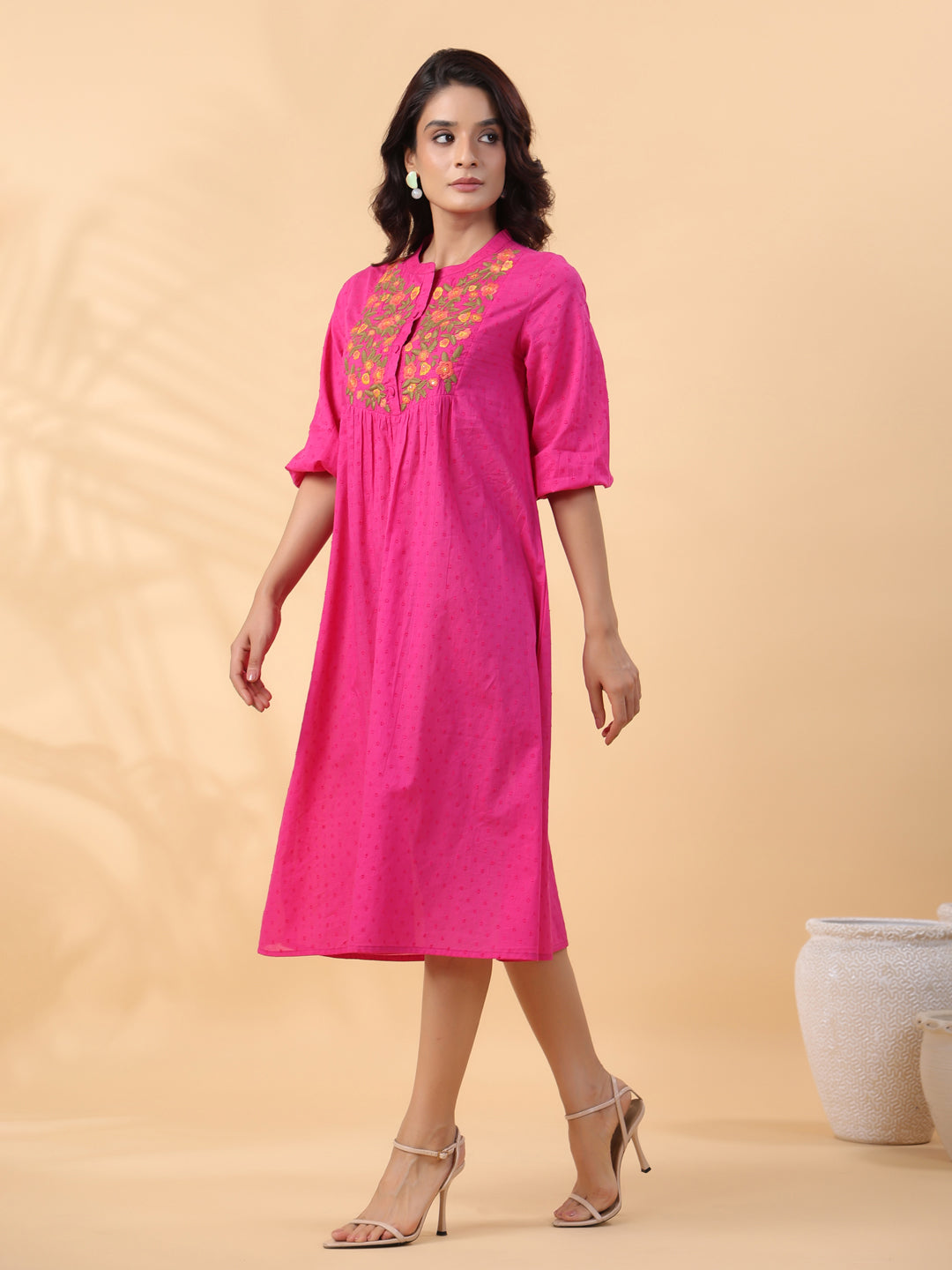 Pink Dobby Cotton Yoke Embroidery A-Line Dress  - By Janasya