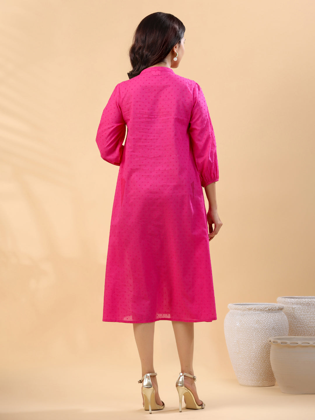 Pink Dobby Cotton Yoke Embroidery A-Line Dress  - By Janasya