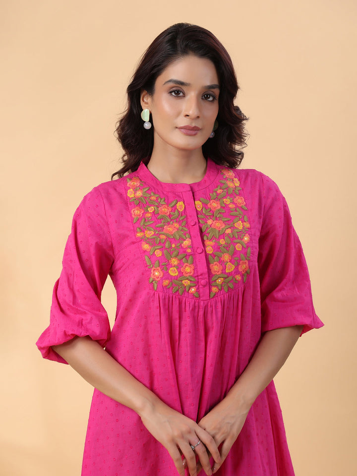 Pink Dobby Cotton Yoke Embroidery A-Line Dress  - By Janasya