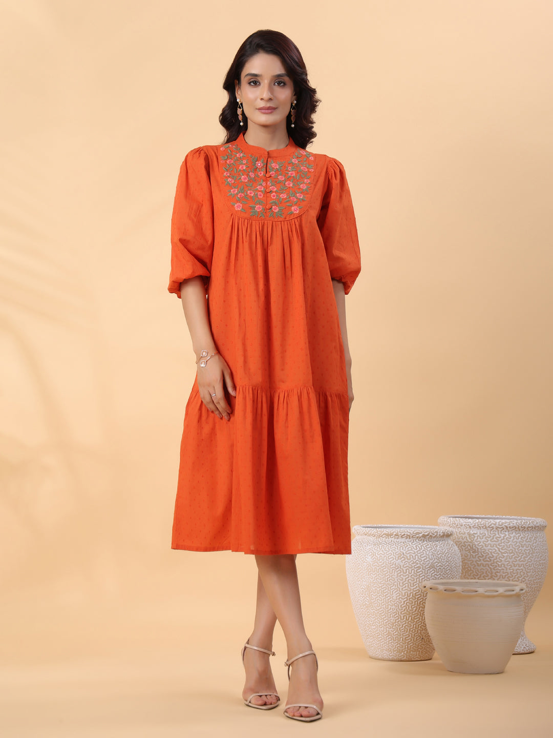 Rust Dobby Cotton Embroidered Pleated Dress  - By Janasya