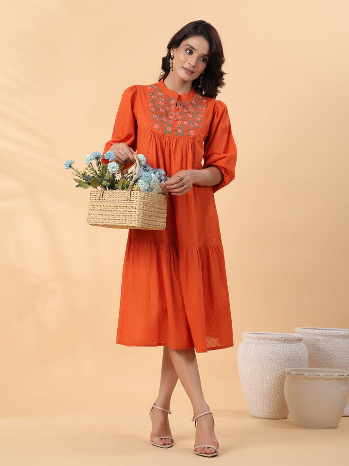 Rust Dobby Cotton Embroidered Pleated Dress  - By Janasya