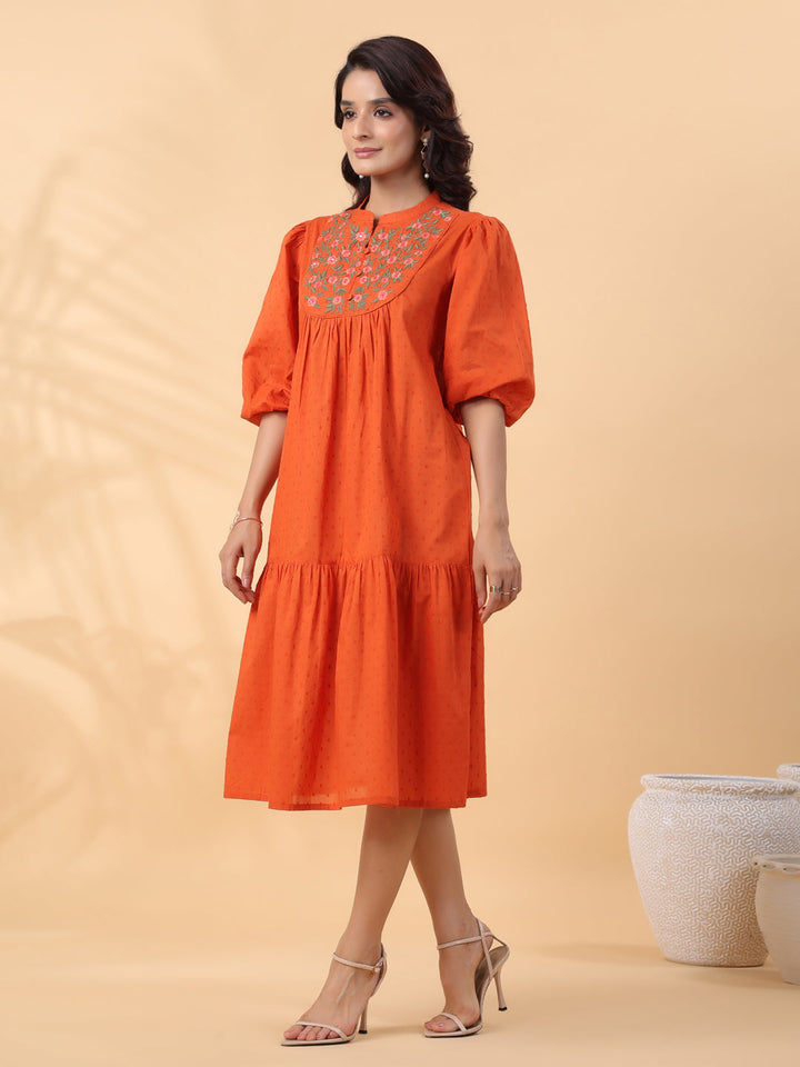 Rust Dobby Cotton Embroidered Pleated Dress  - By Janasya