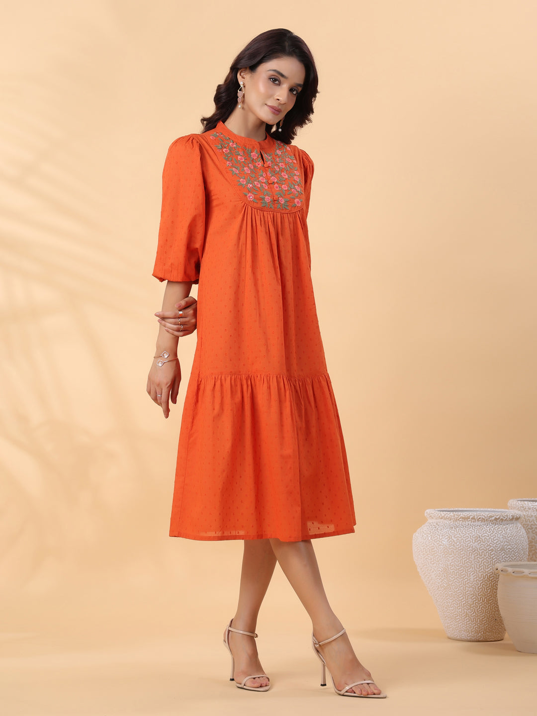 Rust Dobby Cotton Embroidered Pleated Dress  - By Janasya