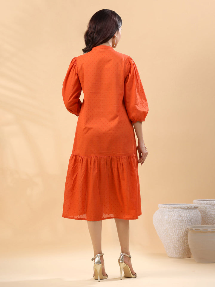 Rust Dobby Cotton Embroidered Pleated Dress  - By Janasya