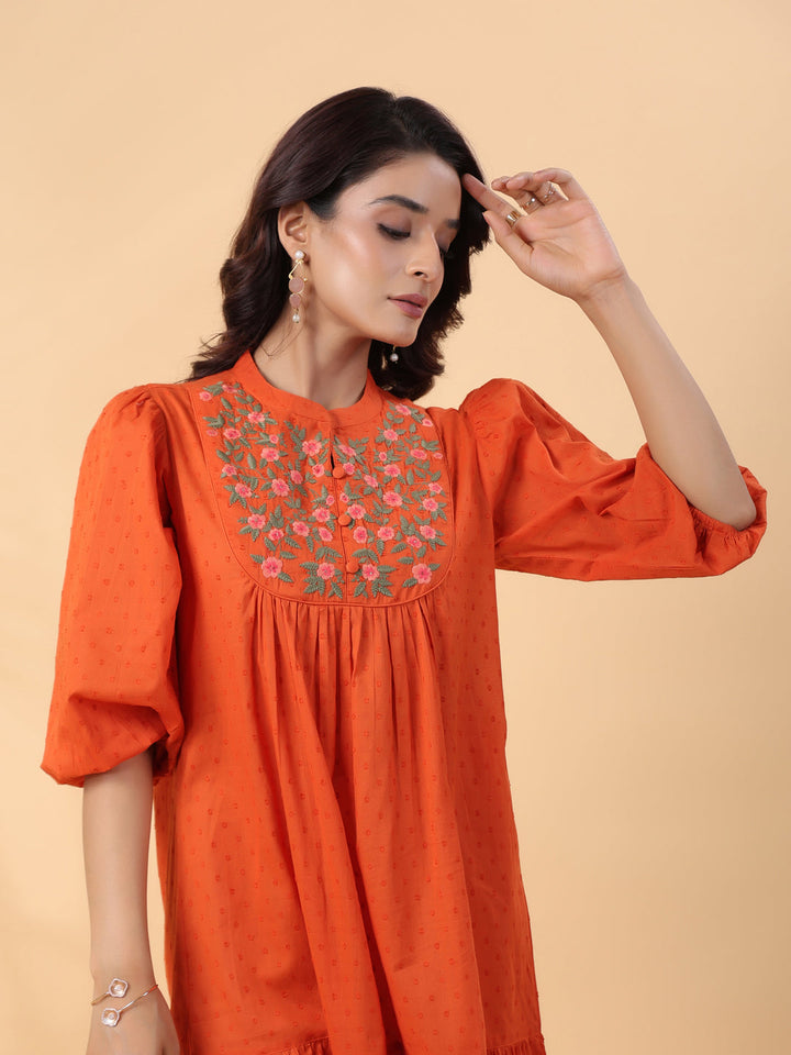 Rust Dobby Cotton Embroidered Pleated Dress  - By Janasya