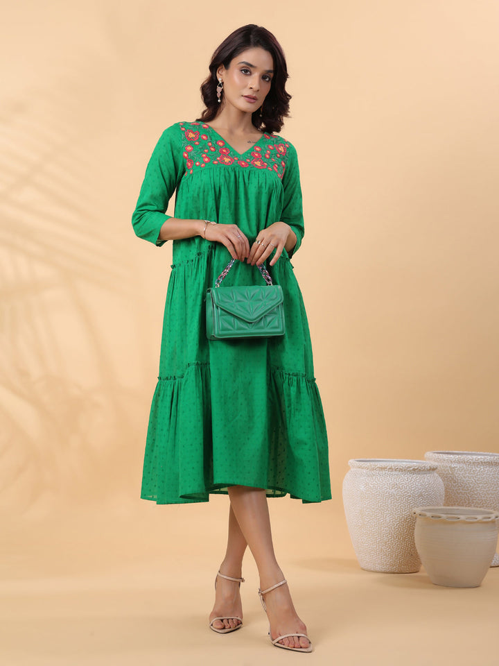 Green Dobby Cotton Embroidered Pleated Dress  - By Janasya