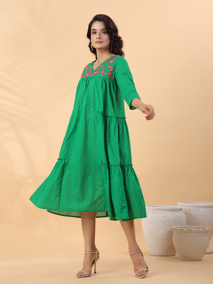 Green Dobby Cotton Embroidered Pleated Dress  - By Janasya