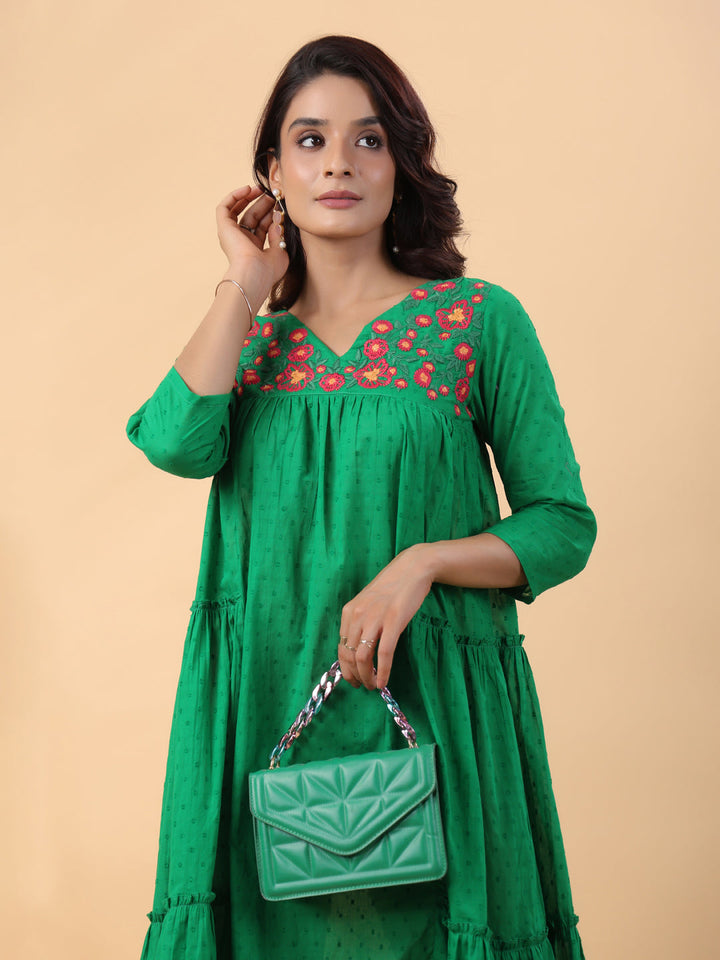 Green Dobby Cotton Embroidered Pleated Dress  - By Janasya