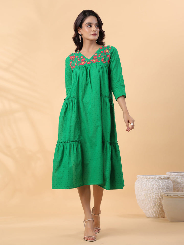 Green Dobby Cotton Embroidered Pleated Dress  - By Janasya