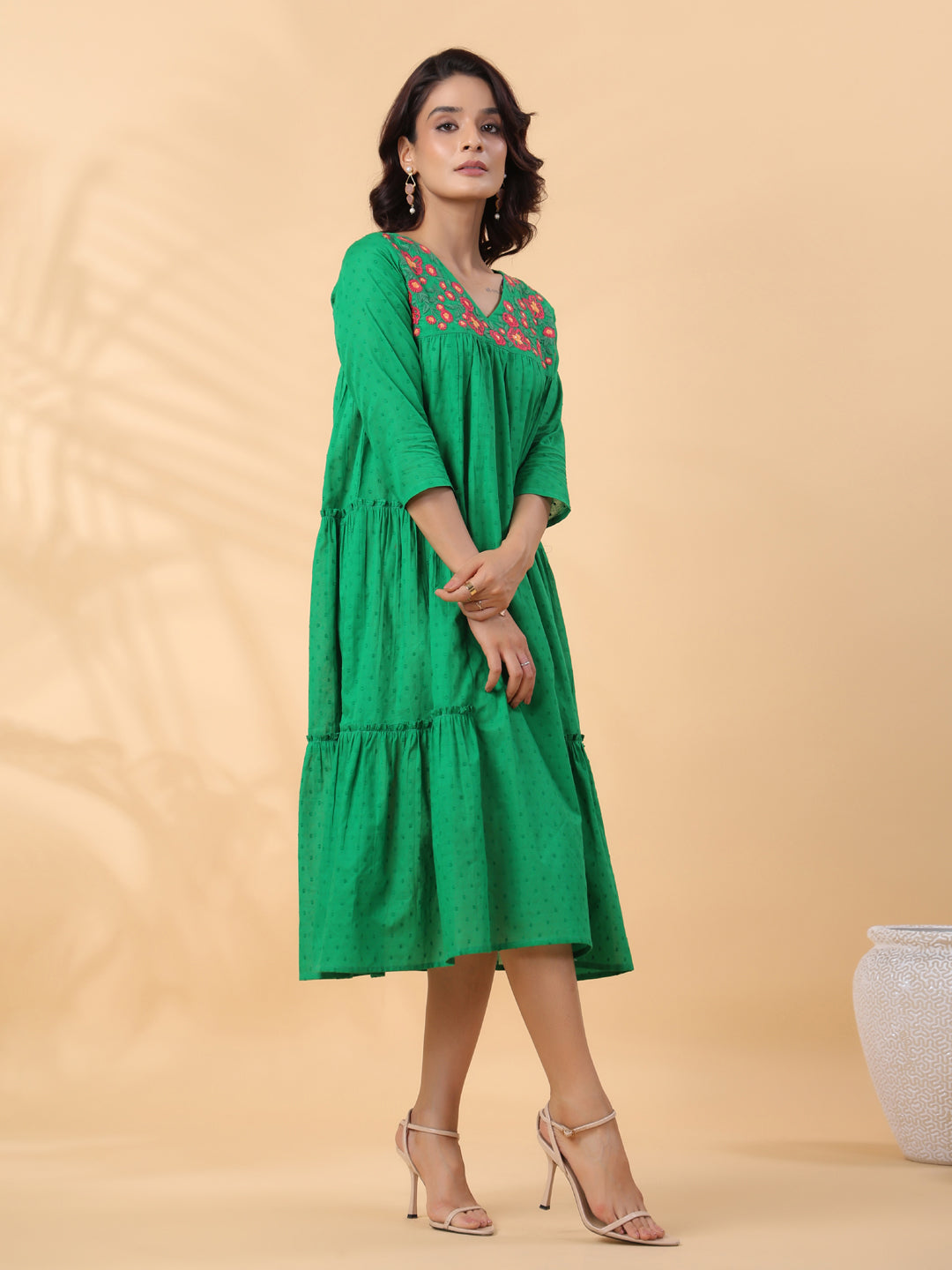 Green Dobby Cotton Embroidered Pleated Dress  - By Janasya