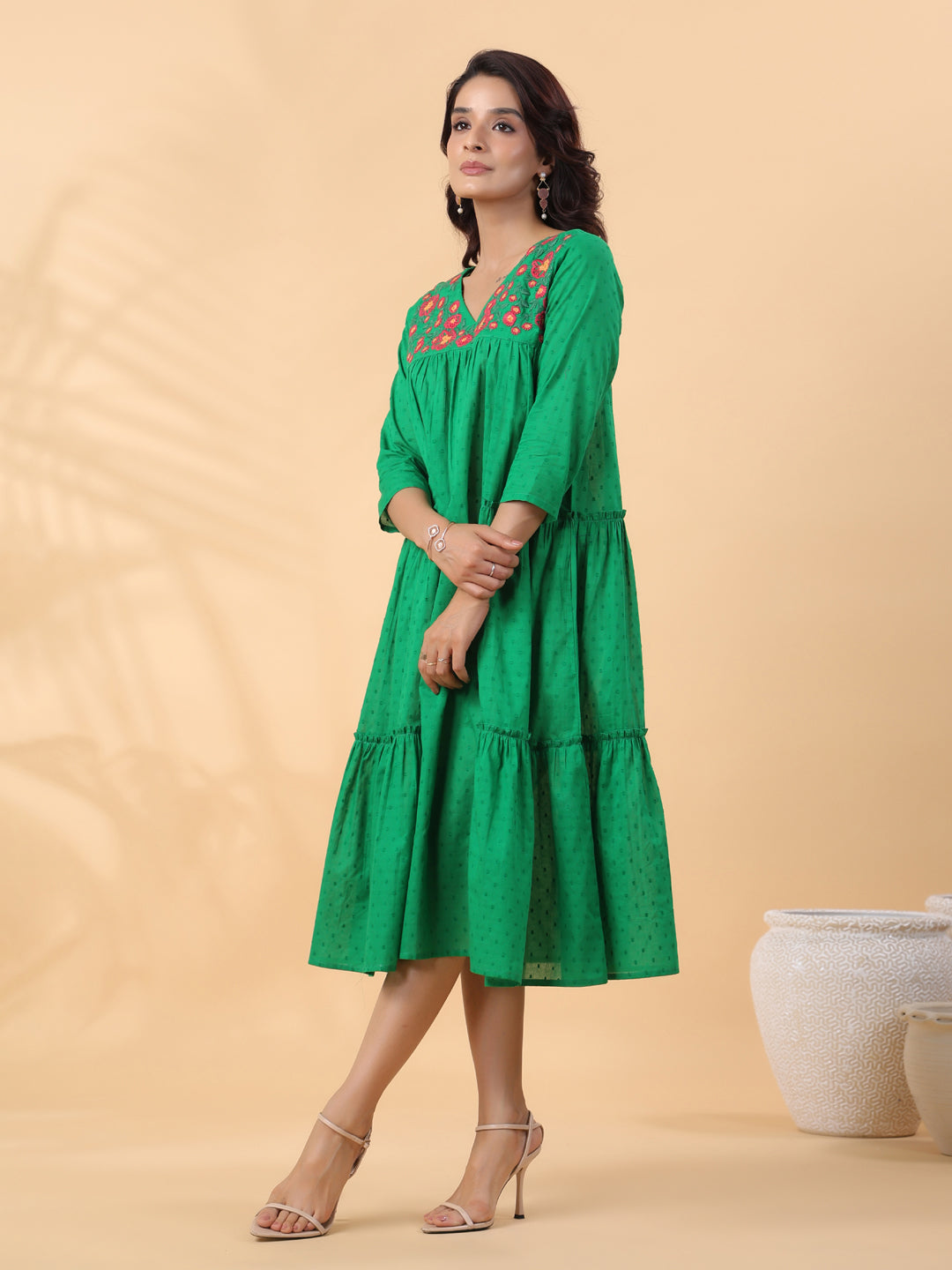 Green Dobby Cotton Embroidered Pleated Dress  - By Janasya