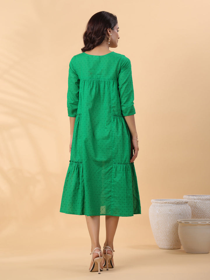 Green Dobby Cotton Embroidered Pleated Dress  - By Janasya