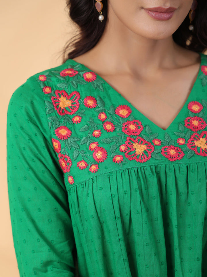 Green Dobby Cotton Embroidered Pleated Dress  - By Janasya