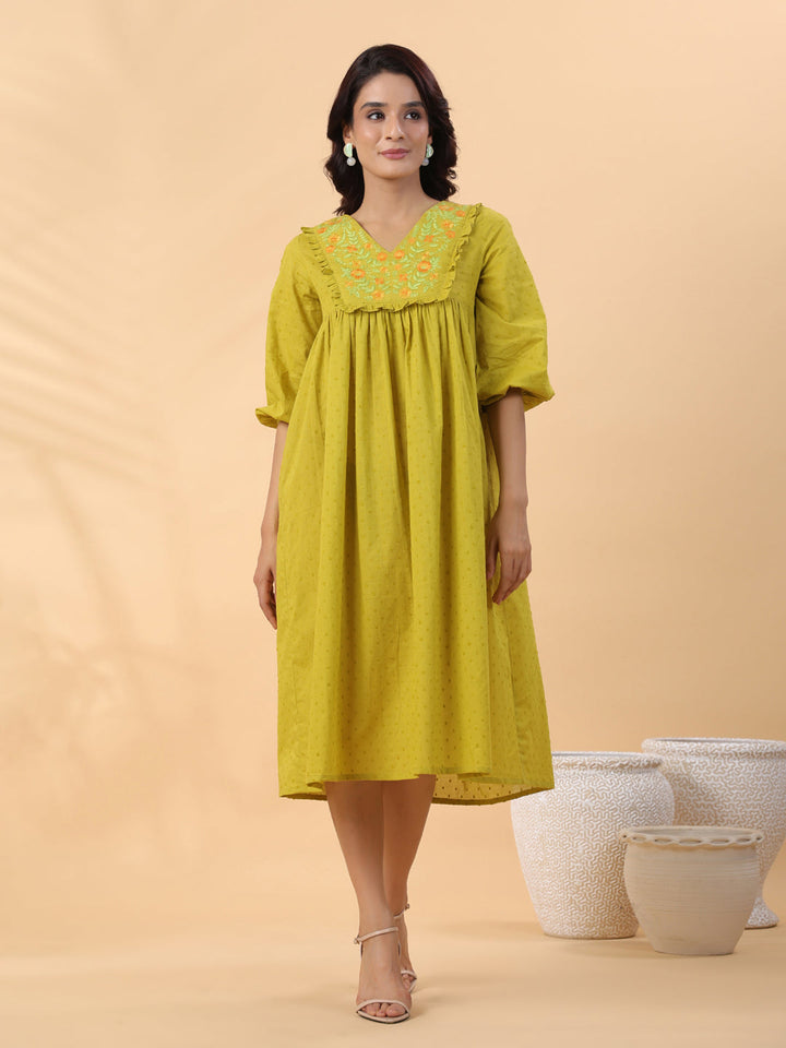 LIme Green Dobby Cotton Pleated Dress  - By Janasya