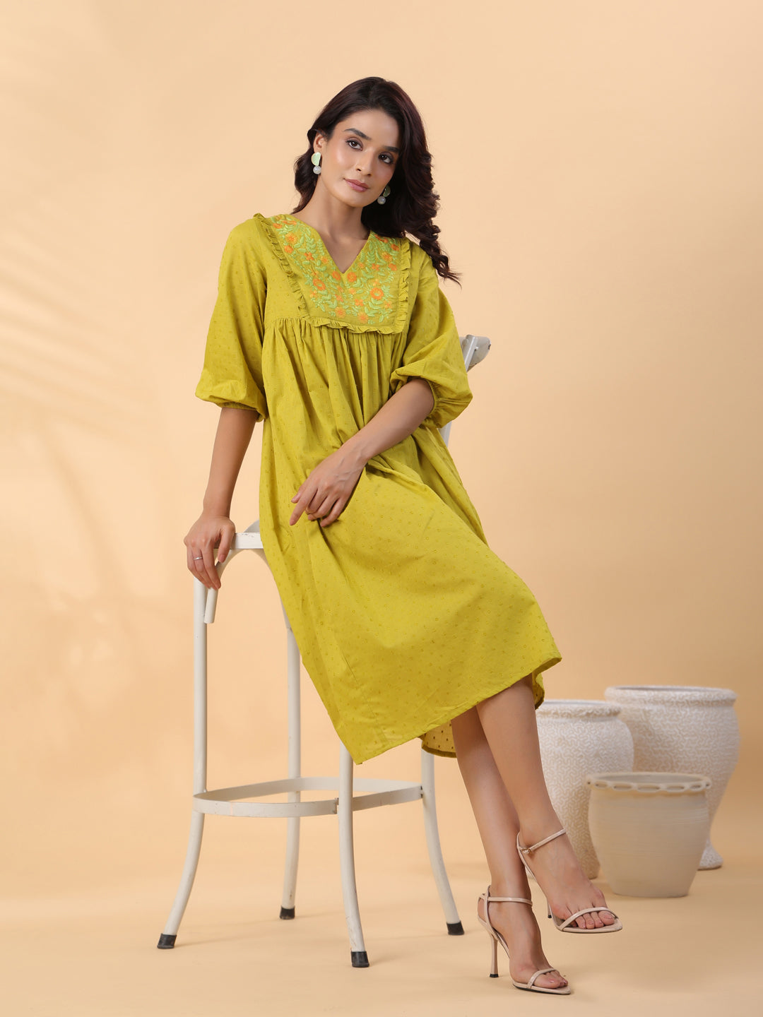 LIme Green Dobby Cotton Pleated Dress  - By Janasya