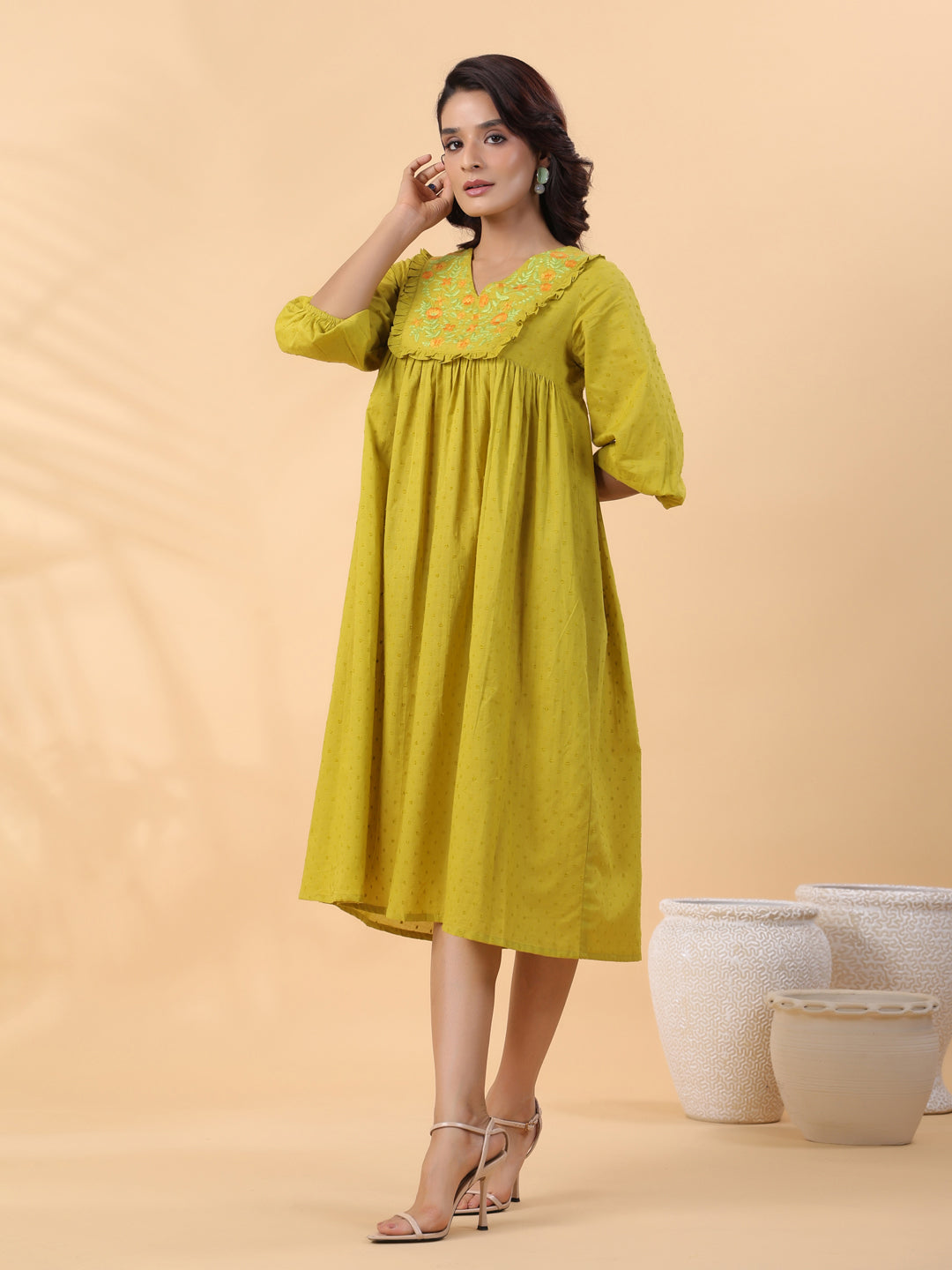 LIme Green Dobby Cotton Pleated Dress  - By Janasya