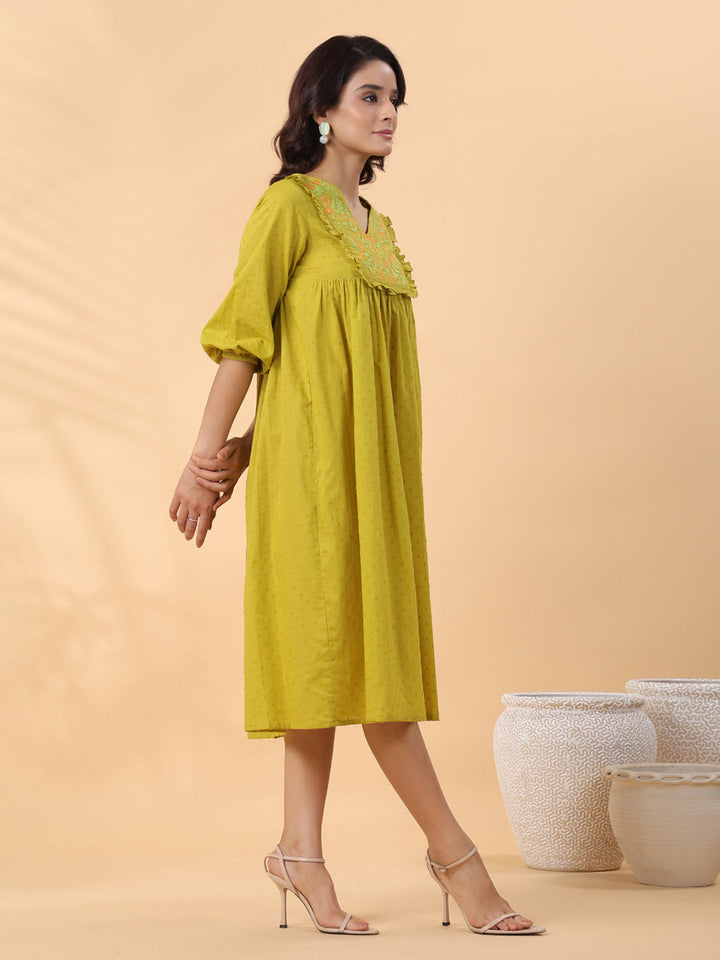 LIme Green Dobby Cotton Pleated Dress  - By Janasya