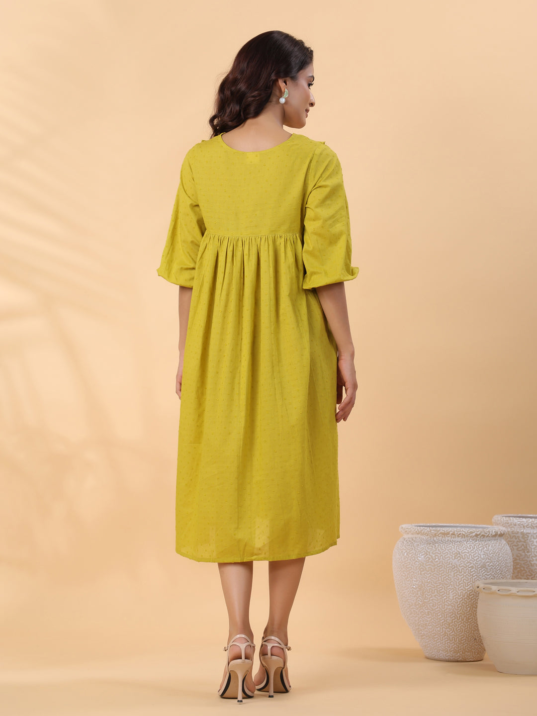 LIme Green Dobby Cotton Pleated Dress  - By Janasya