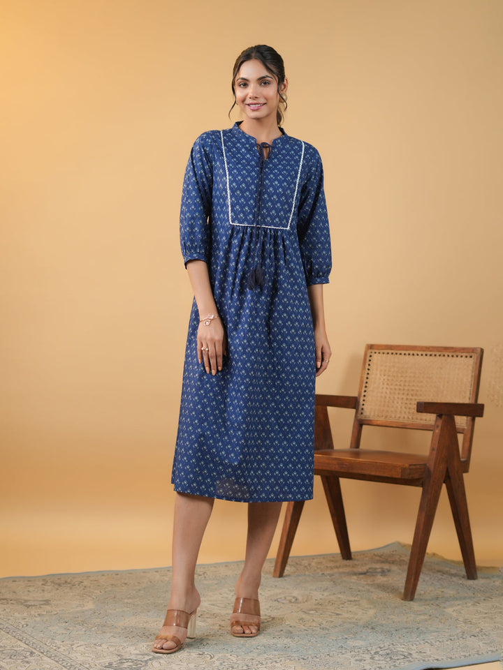 Indigo Cotton Floral Printed A-Line Kurta  - By Janasya