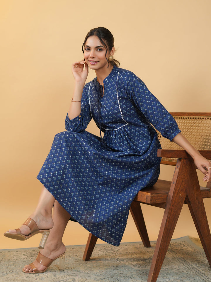 Indigo Cotton Floral Printed A-Line Kurta  - By Janasya