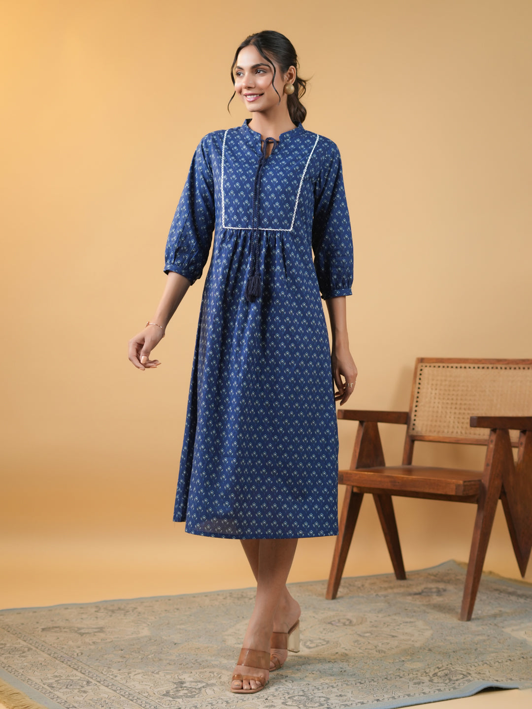 Indigo Cotton Floral Printed A-Line Kurta  - By Janasya