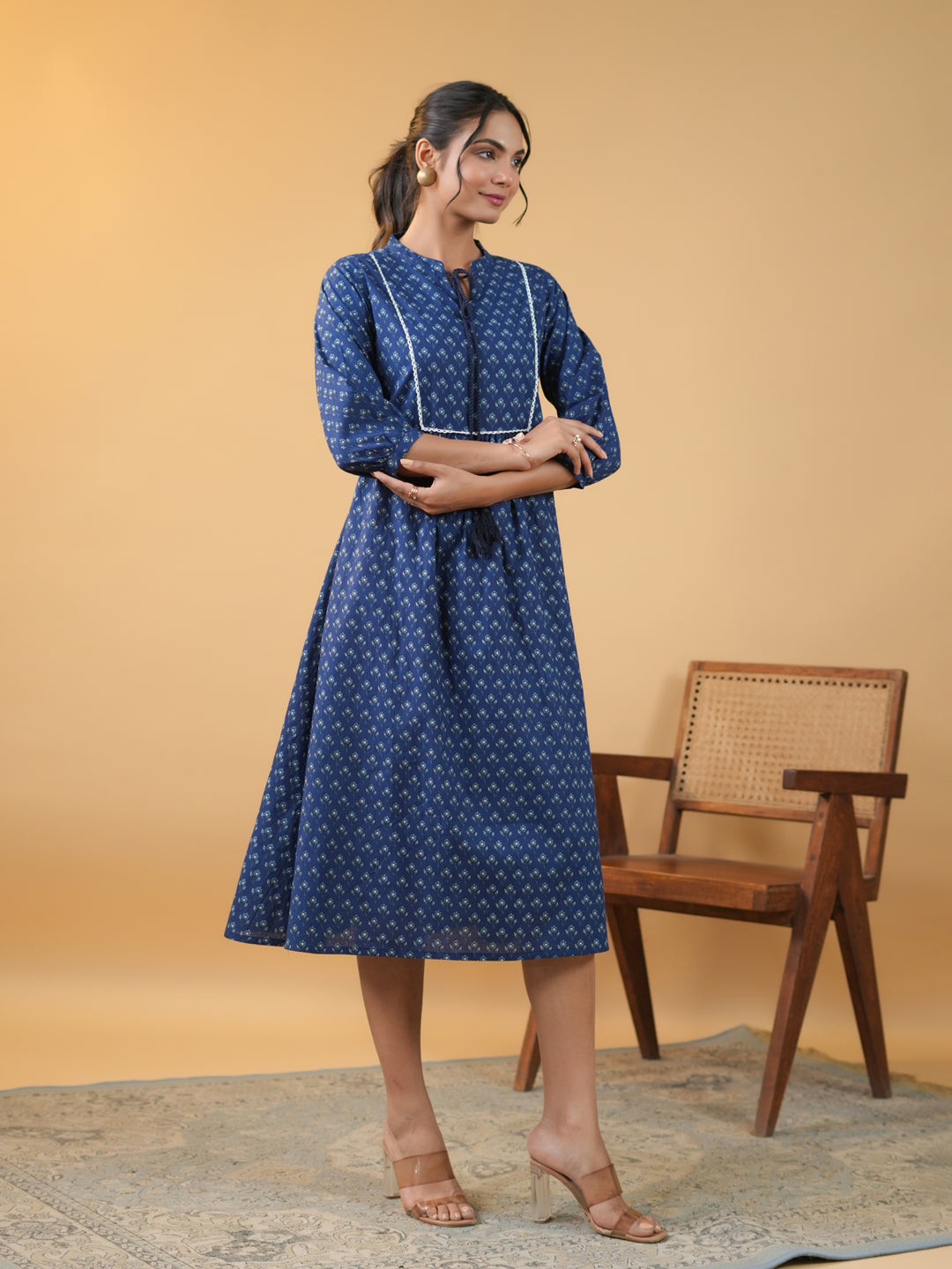 Indigo Cotton Floral Printed A-Line Kurta  - By Janasya