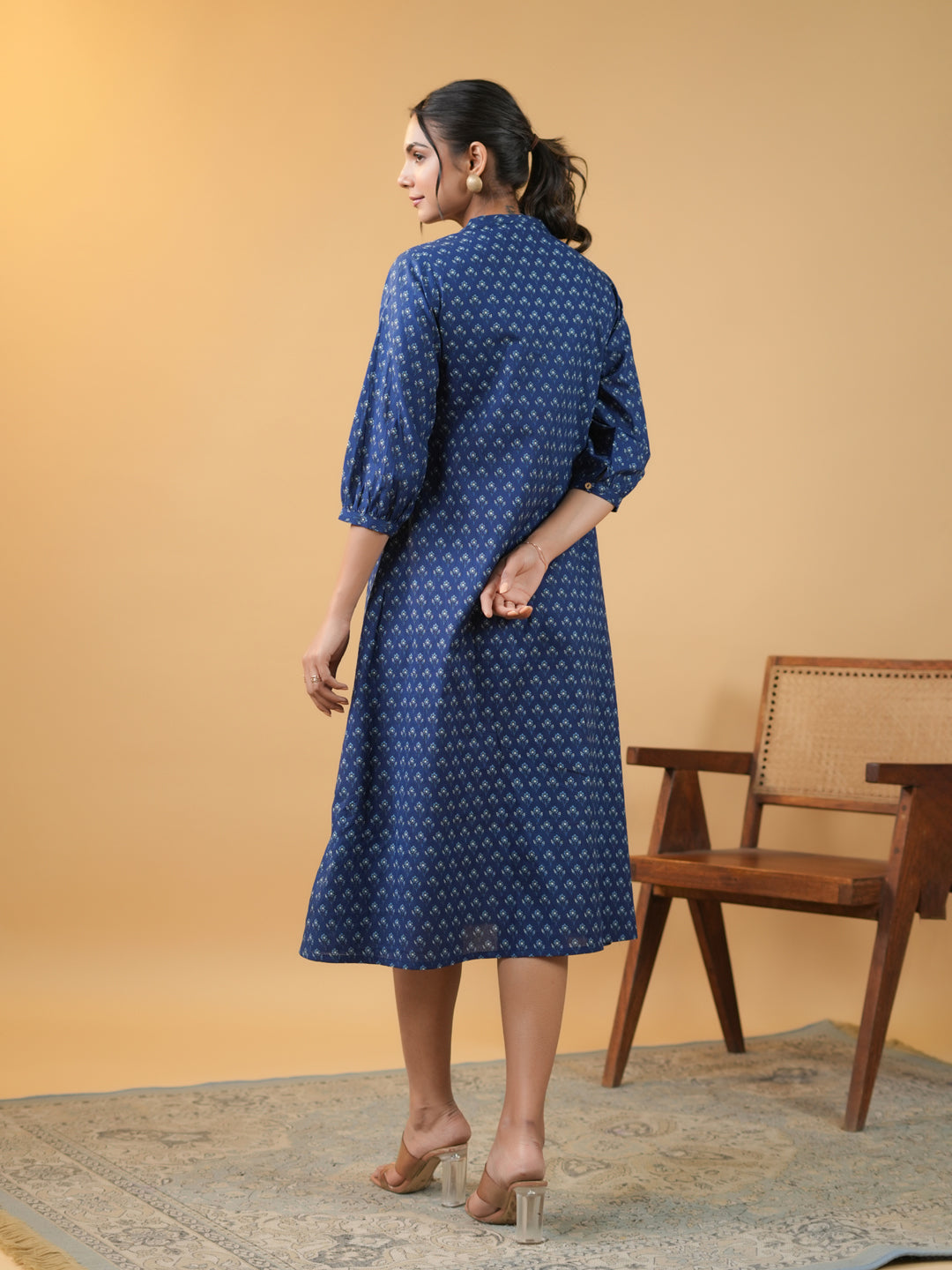 Indigo Cotton Floral Printed A-Line Kurta  - By Janasya