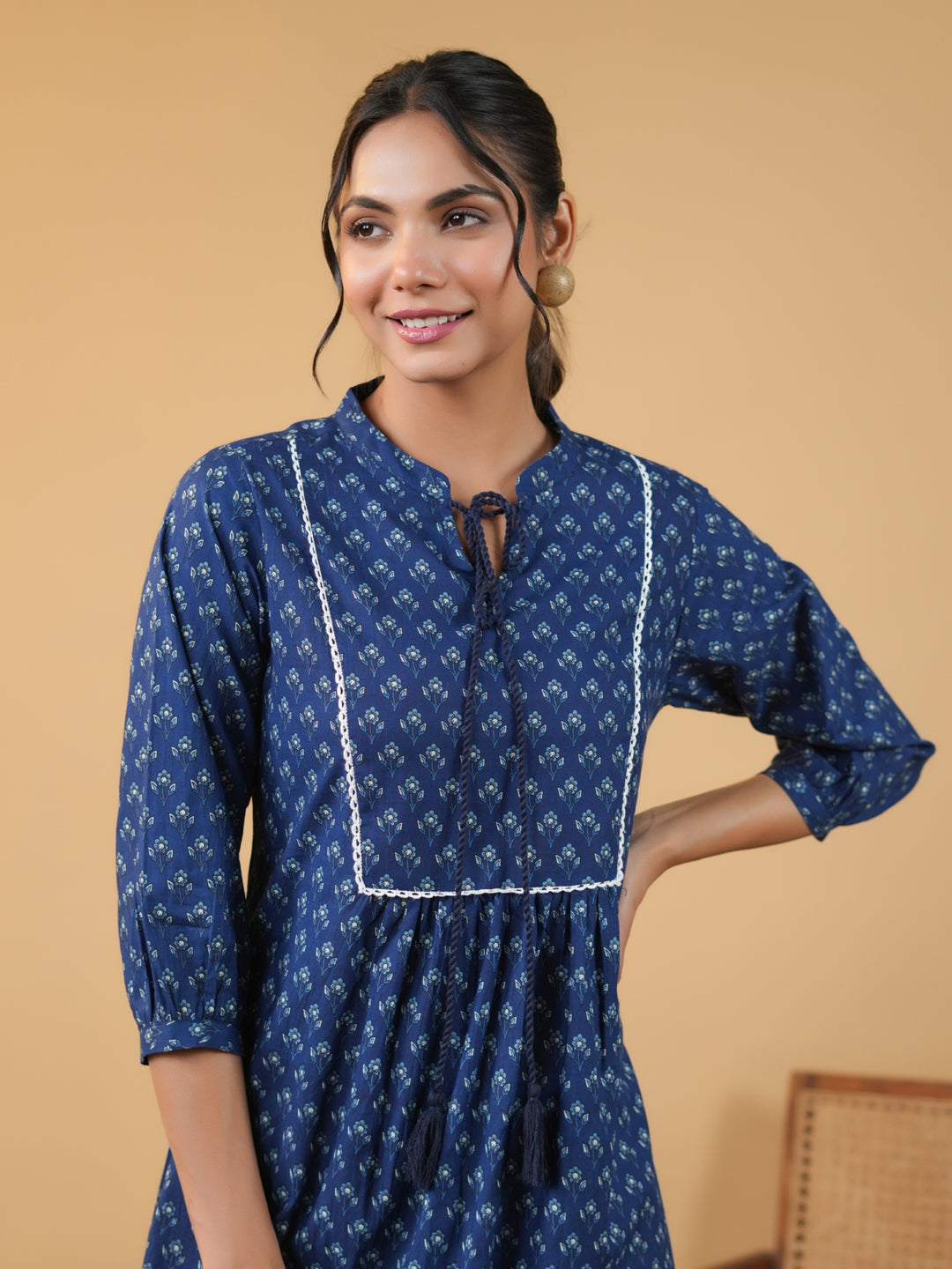 Indigo Cotton Floral Printed A-Line Kurta  - By Janasya