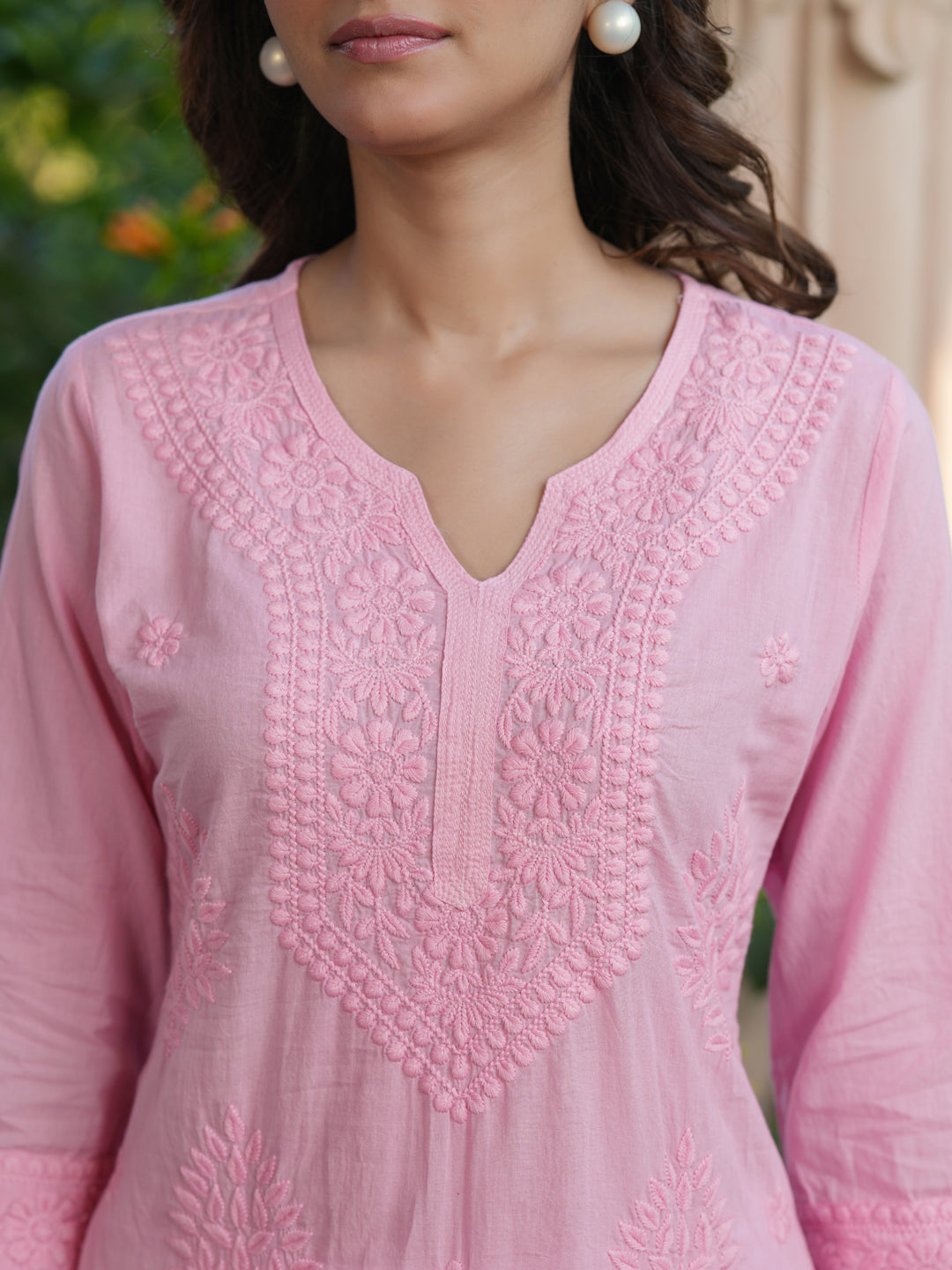Baby Pink Ombre Pure Cotton Chikankari Embroidered Straight Kurta - qivii