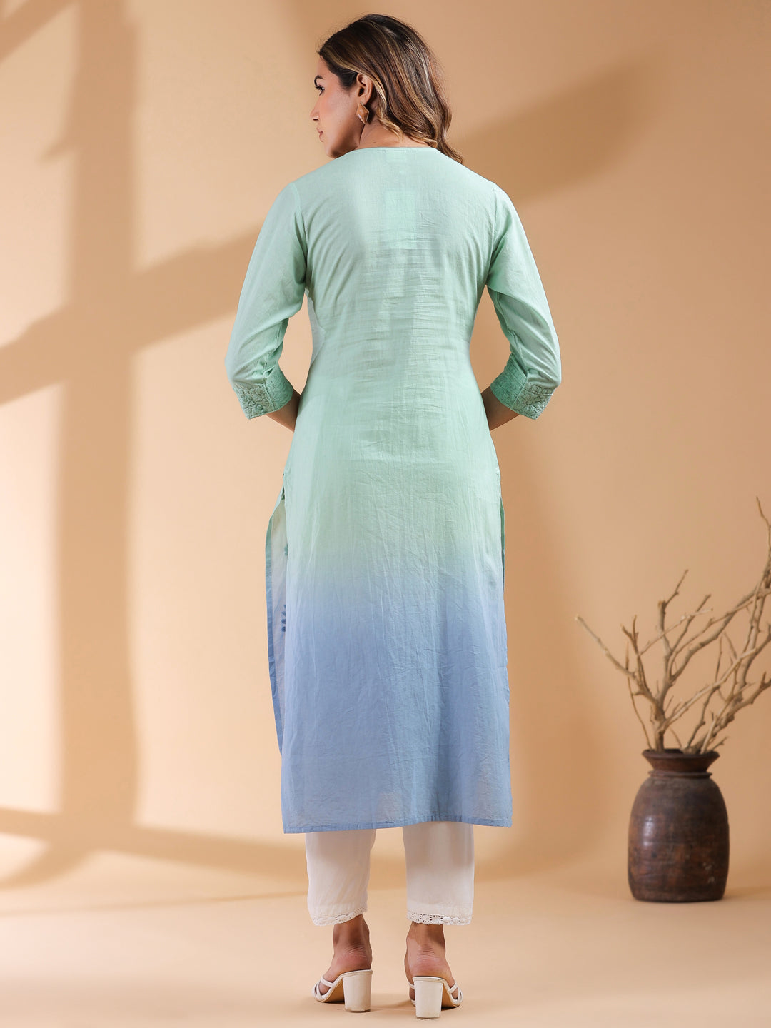 Mint Green Pure Cotton Ombre Chikankari Embroidered Straight Kurta - qivii