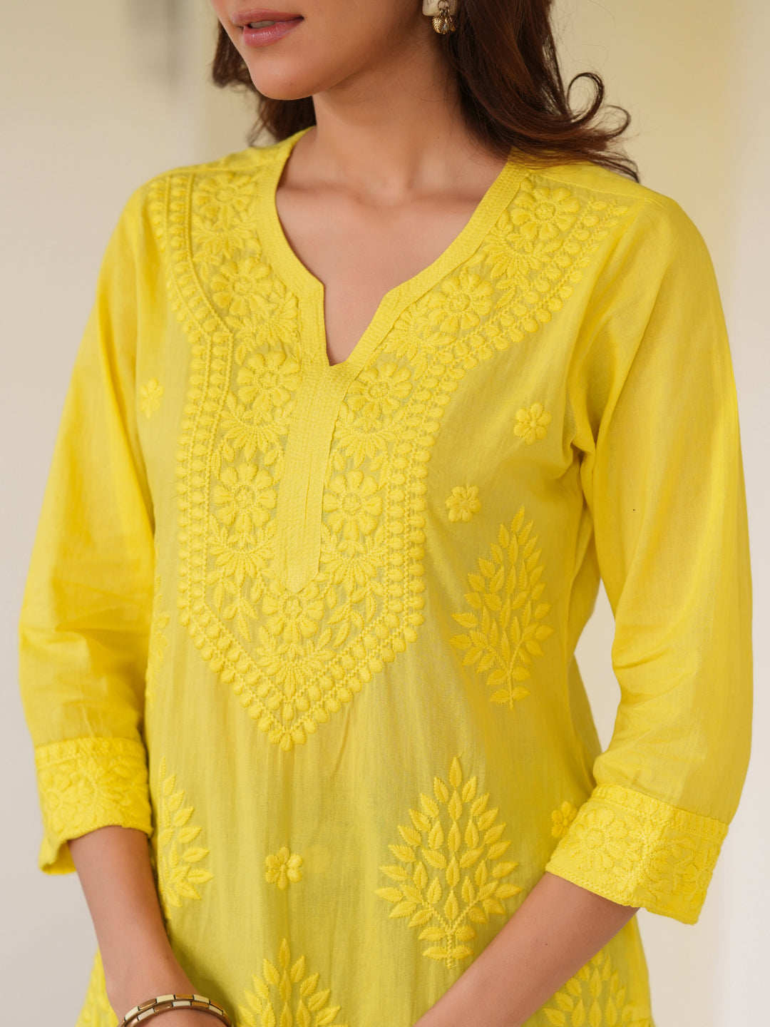 Lime Yellow Pure Cotton Ombre Chikankari Embroidered Straight Kurta - qivii