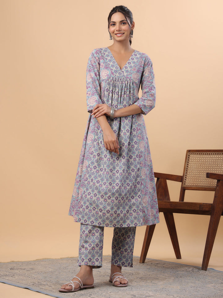 Light Blue Cotton Floral Panelled A-Line Kurta Set  - By Janasya