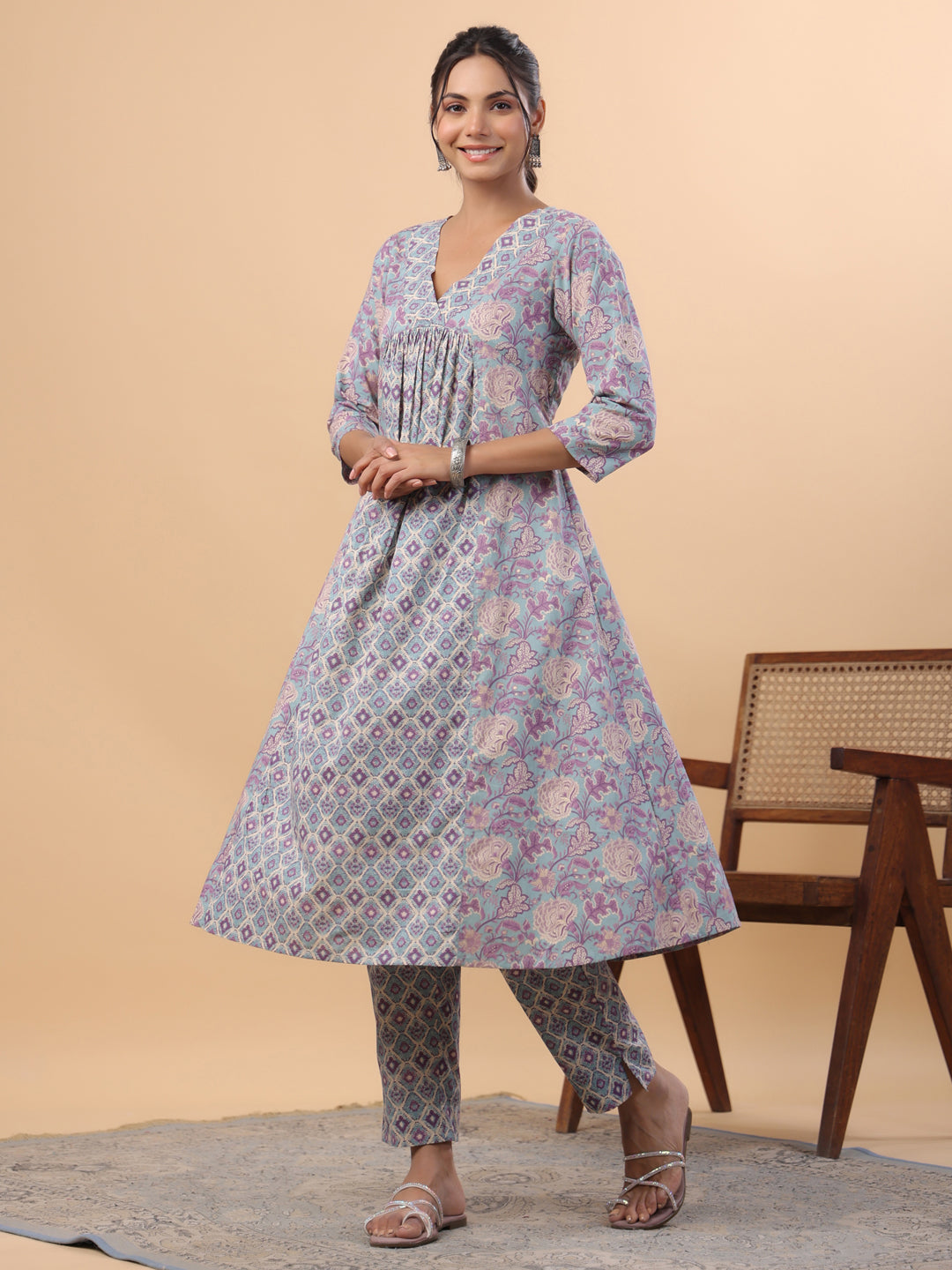 Light Blue Cotton Floral Panelled A-Line Kurta Set  - By Janasya