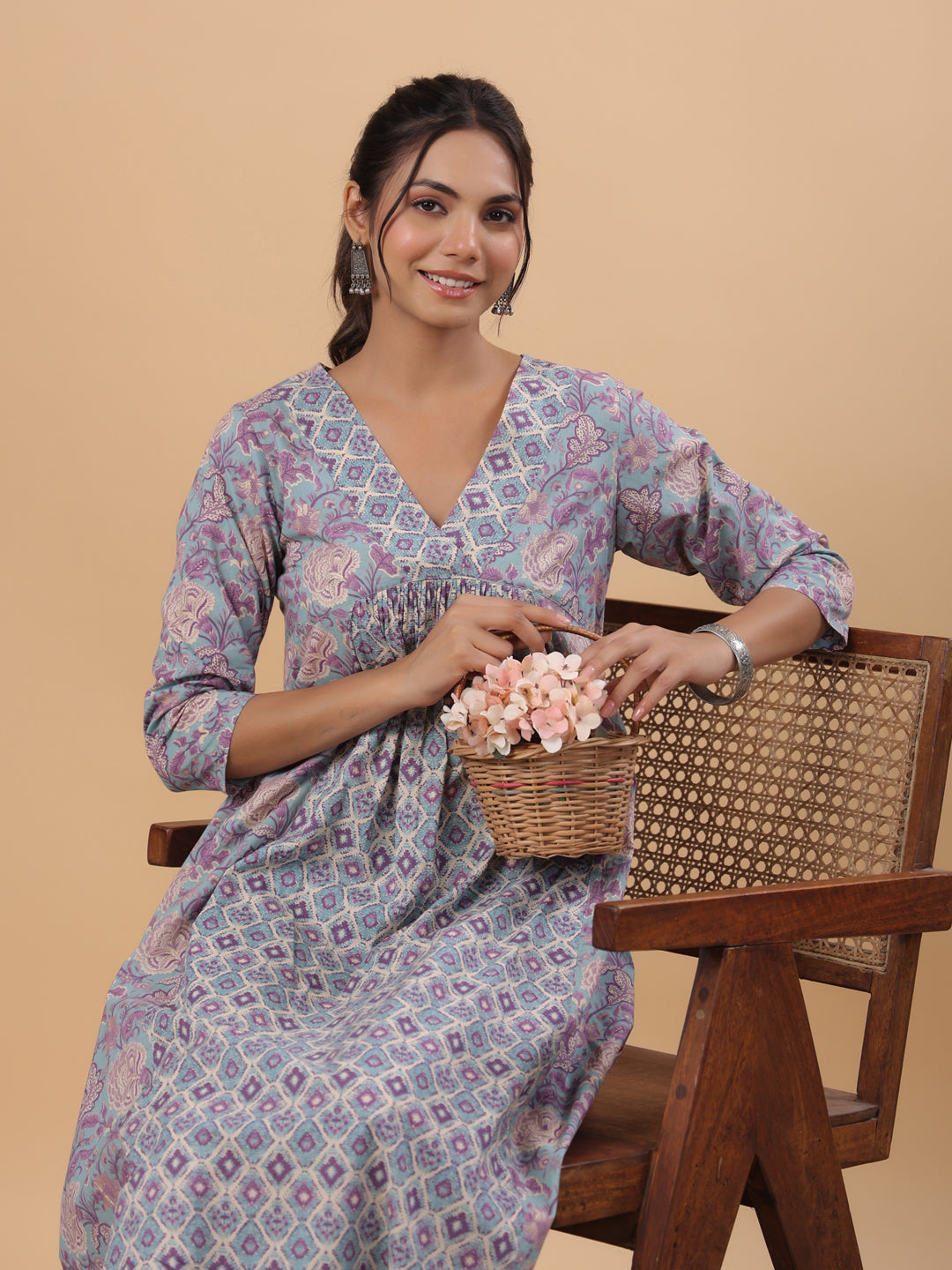 Light Blue Cotton Floral Panelled A-Line Kurta Set  - By Janasya