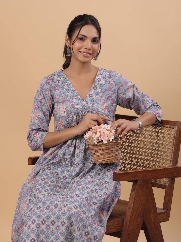 Light Blue Cotton Floral Panelled A-Line Kurta Set  - By Janasya