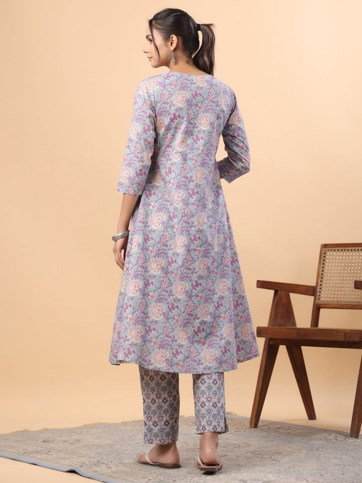 Light Blue Cotton Floral Panelled A-Line Kurta Set  - By Janasya