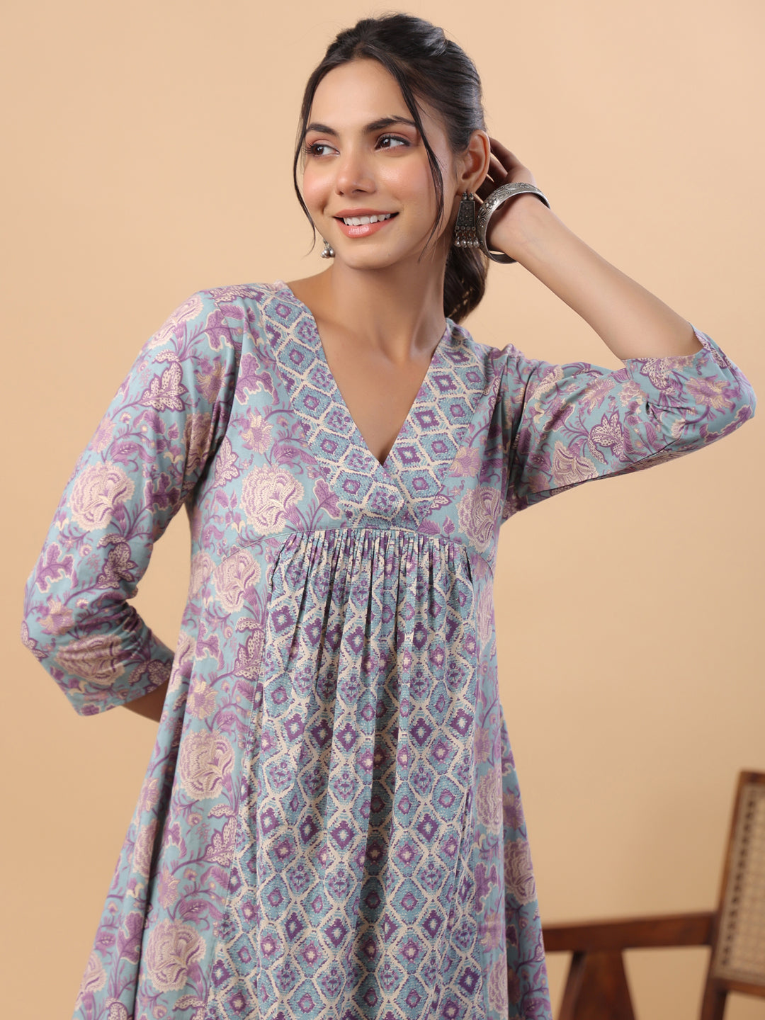 Light Blue Cotton Floral Panelled A-Line Kurta Set  - By Janasya