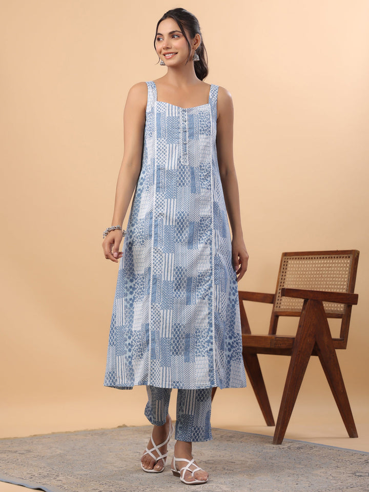 Blue Cotton Ethnic Motifs A-Line Kurta Set  - By Janasya