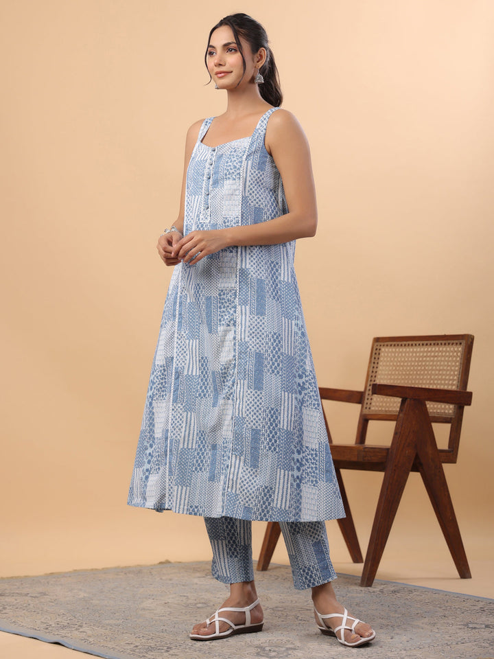 Blue Cotton Ethnic Motifs A-Line Kurta Set  - By Janasya