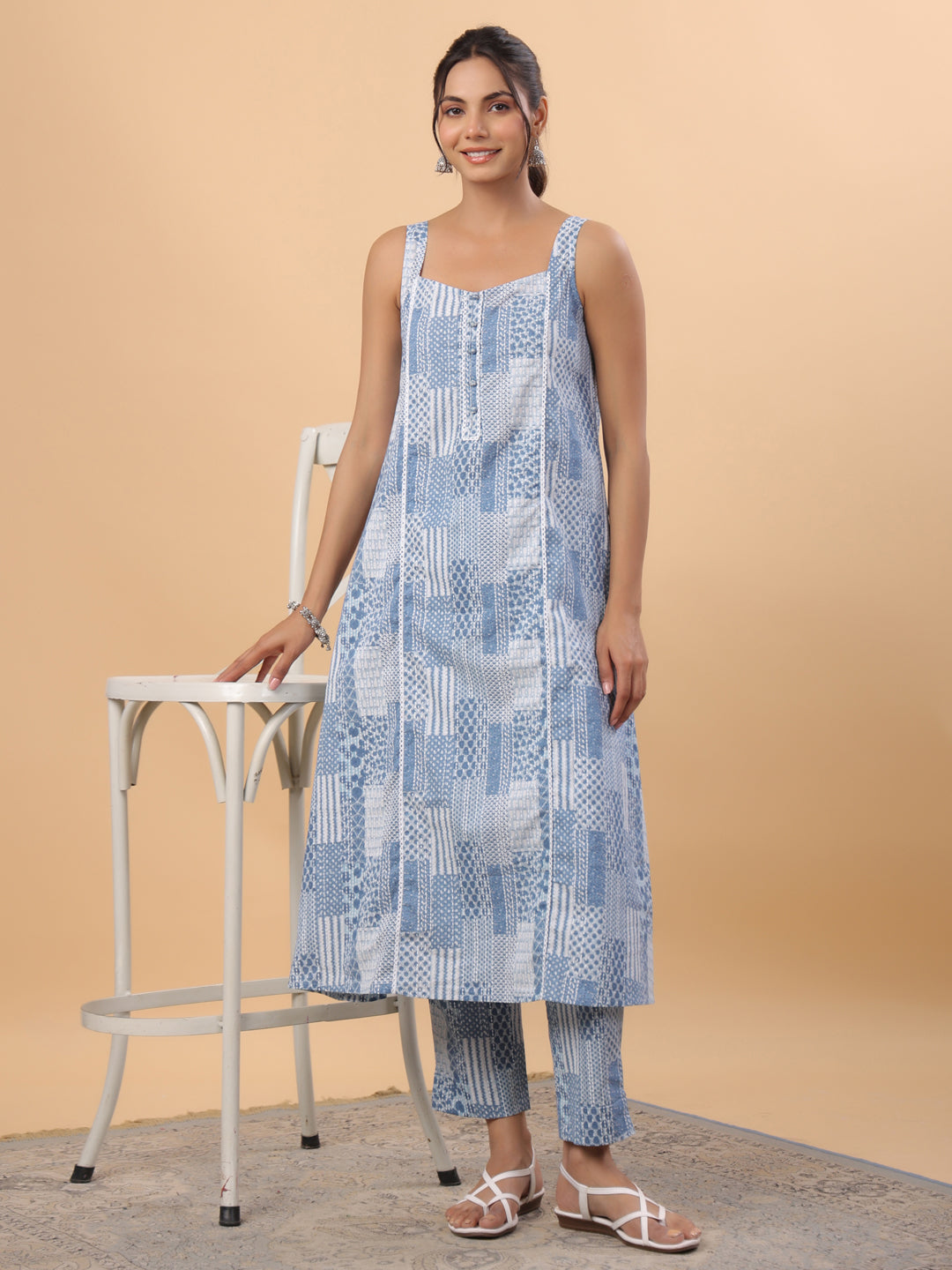 Blue Cotton Ethnic Motifs A-Line Kurta Set  - By Janasya