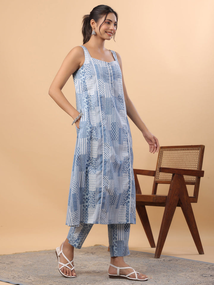 Blue Cotton Ethnic Motifs A-Line Kurta Set  - By Janasya