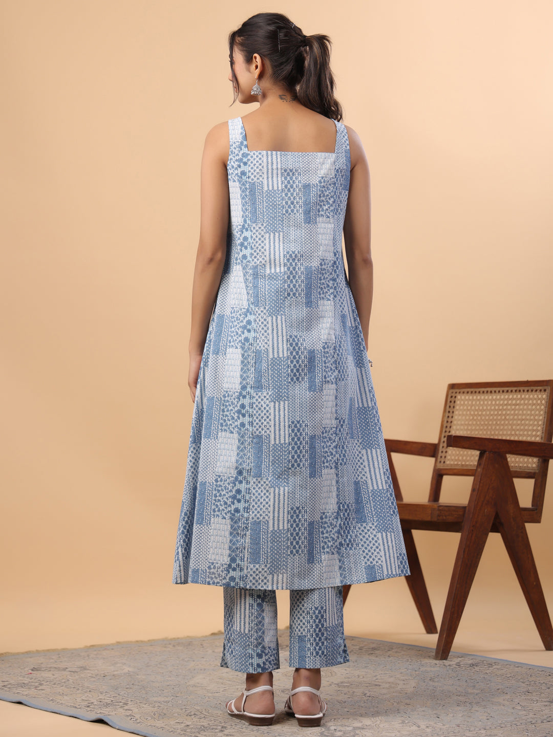 Blue Cotton Ethnic Motifs A-Line Kurta Set  - By Janasya