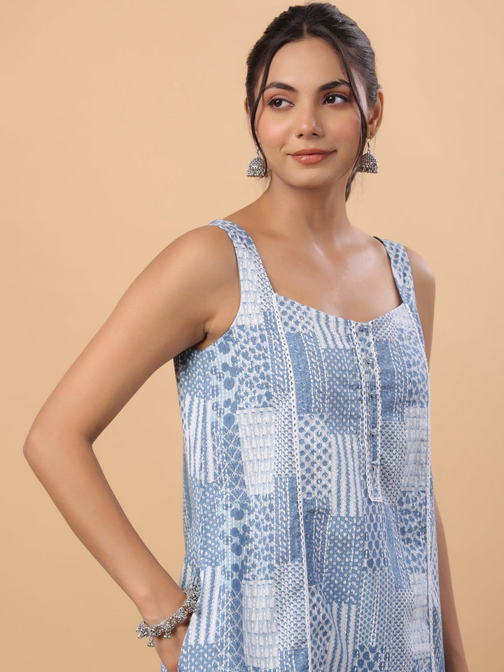 Blue Cotton Ethnic Motifs A-Line Kurta Set  - By Janasya